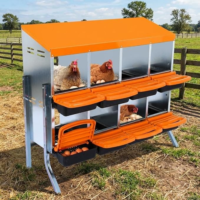 Chicken Nesting Box 8-Hole Roll Away Egg Laying Box with Lid & Stand, Galvanized Steel Rustproof Poultry Coop Box, Easy Clean, Wall Mountable No Bracket Needed for Hens, Orange