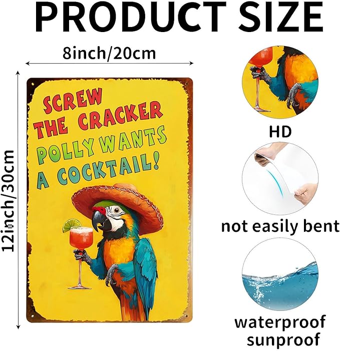 Vintage Metal Sign Screw The Cracker Polly Wants A Cocktail Parrot Tin Sign Funny Walll Decor for Bar Kitchen Pubs Cafe Home Garage 12×8 Inch
