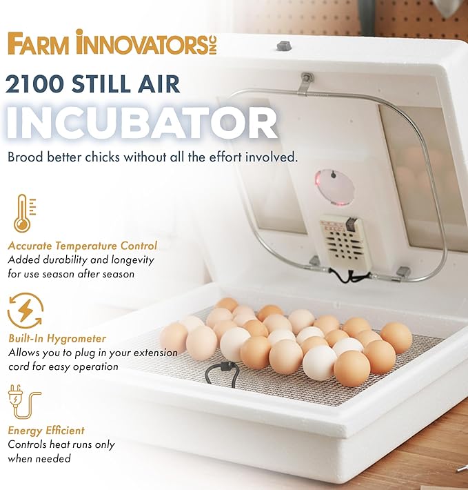 Farm Innovators 2100 Heated Still Air Incubator for 4 Dozen Eggs with Built in Hygrometer, Solid State Circuitry, and 2 Large Viewing Windows, White