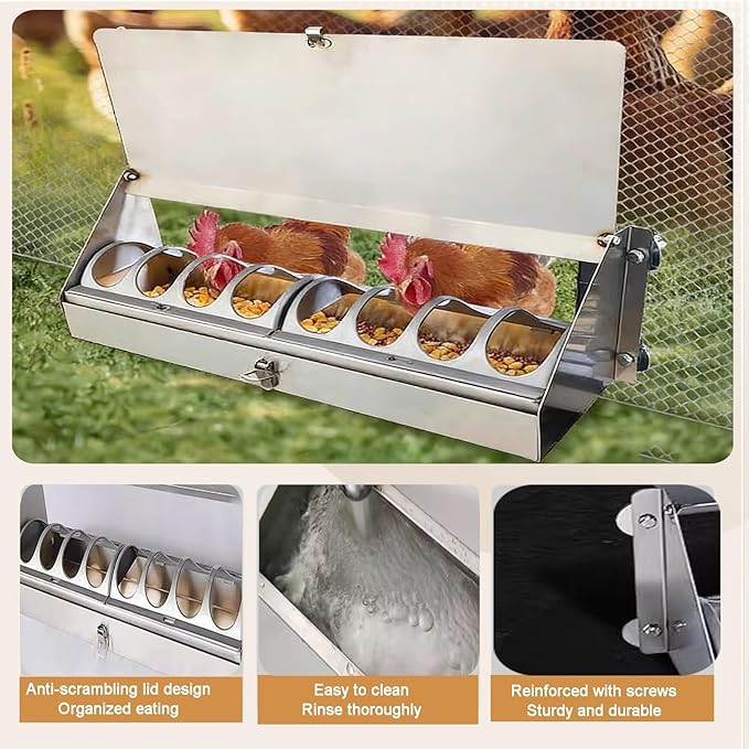 Stainless Steel Automatic Chicken Feeder, with Lockable Lid No Spill Poultry Feeder, No Waste Automatic Feeder Trough for Fowl Pheasant Outdoor
