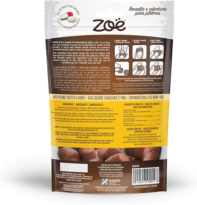 Zoe Zoë Pill Pops for Dogs, Peanut Butter with Honey Recipe, 3 Pack - All Natural Healthy Dog Treats to Hide Medication