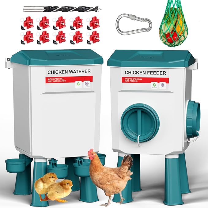 Chicken Feeder and Waterer Set, 1.9 Gallon/17.7 Pounds, Automatic Chicken Feeders and Chicken Waterer, Detachable for Chick, Duck & Quail Coop Use, Outdoor Farm & Backyard (Upgraded)