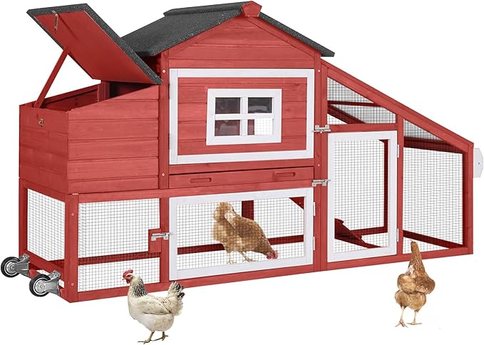 Aivituvin Chicken Coop Outdoor with Wheels, Mobile Hen House Wooden Poultry Cage with Run & Waterproof Roof (Red with White)