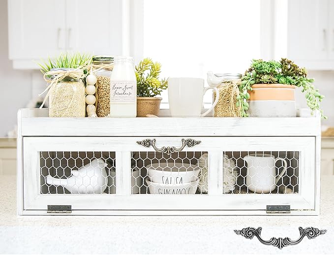 Felt Creative Home Goods Farmhouse Chicken Wire Countertop Shelving Organizer, Decorative Kitchen Pantry Storage Cabinet, Rustic Counter Storage Display, Country Kitchen Island Decor (White)