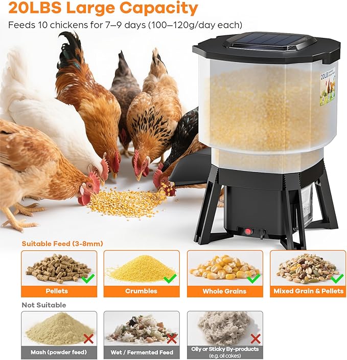 Automatic Chicken Feeder Solar Powered with Timer, 20lbs No-Waste & Rat Proof Poultry Feeder, Programmable Feeding Schedule, Adjustable Throw Distance