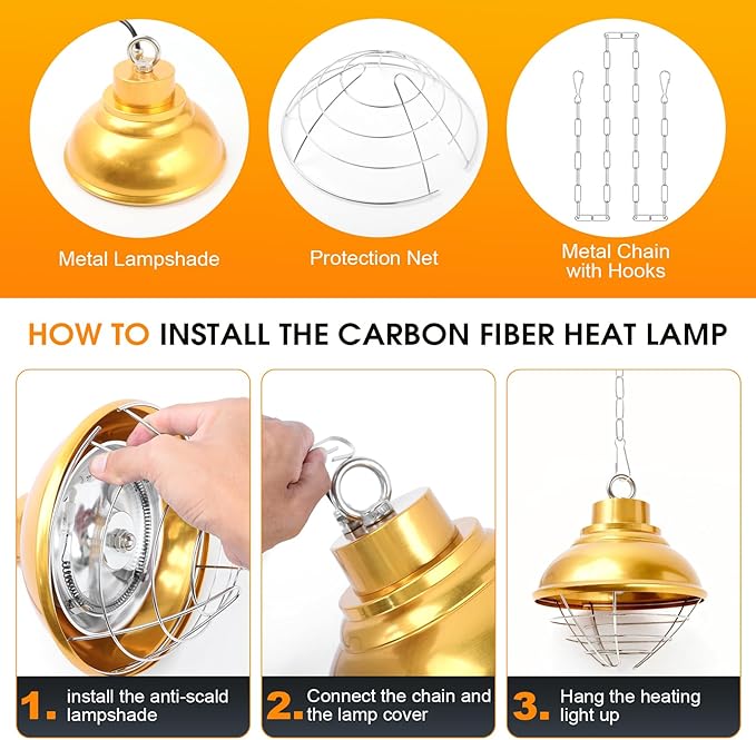 Chicken Heat Lamp,350W Chicken Coop Heater with Carbon Fiber Bulb, Two-Temperature Adjustable and 5.2FT Thickened Power Cord,Winter Hanging Heat Lamp for Chicks,Pets and Poultry