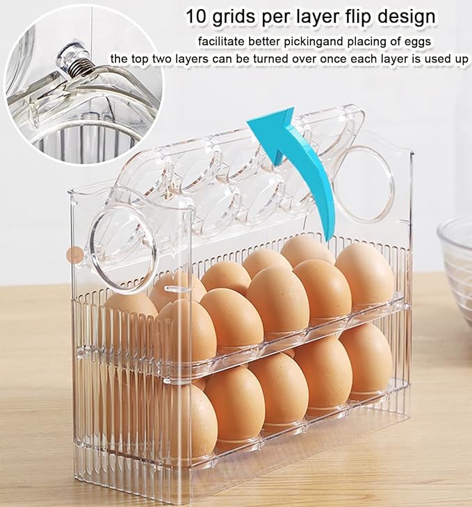 Flippable Egg Holder for 30 Eggs,Egg Storage for Refrigerator,3-Tiers Clear Acrylic Egg Container,Large Container for Kitchen Countertop, Egg Dispenser, Egg Tray, Clear