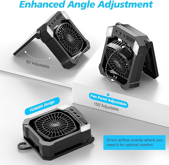 Camping Fan Battery Powered & Solar Powered, Portable Solar Fan 10000mAh Rechargeable Outdoor Fans with Light, Quiet Cordless Fans for Tent, RV, Emergency, Hiking, Power Outage, Desk, Survival Kit