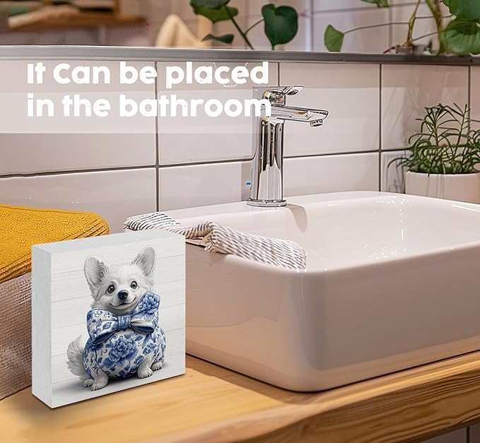 Chinoiserie Corgi Wooden Signs, Grand Millenial Bow Blue Floral Home Decor, Blue and White Porcelain Desk Decorations, Farm Animal Office Kitchen Bathroom Decor