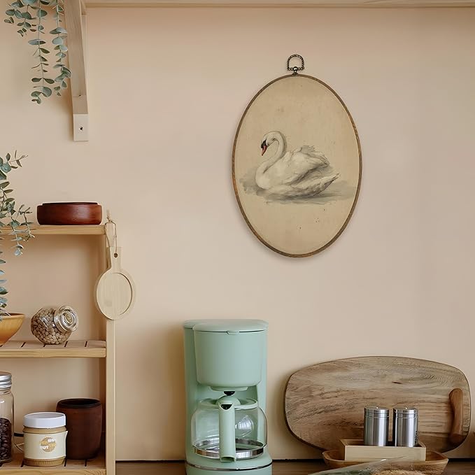 LKETW Vintage Swan Oval Wall Art Decor, Antique Elegant Swan Oval Canvas Hanging Decor, Retro Classical Animal Aesthetic Wall Decorations for Home Bedroom Living Room, 8.6x11.4 Inch
