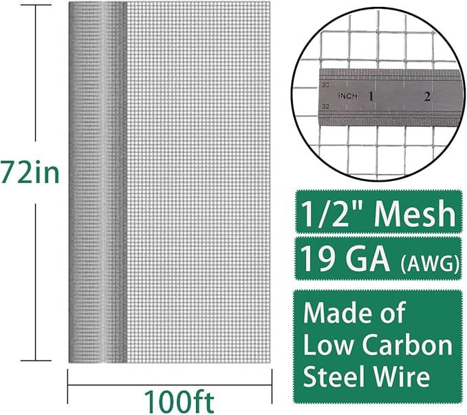 SEBOSS Hareware Cloth 1/2 inch 72 x 100 Ft 19-Gauge, Hot-dip Galvanized After Welding, Chicken Wire Fencing, Gopher Wire, Wire Mesh Roll, Wire Cloth, and Long-Lasting Wire Fencing Use