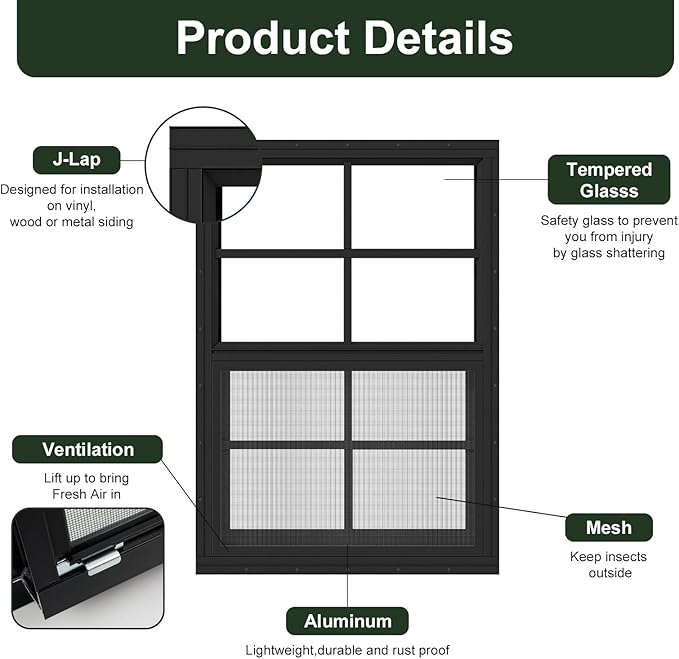 2 Pack Shed Windows 18" x 23" Flush Mount Window with Tempered Glass and Fiberglass Screen for Chicken Coop Sheds Barns Playhouse -Black