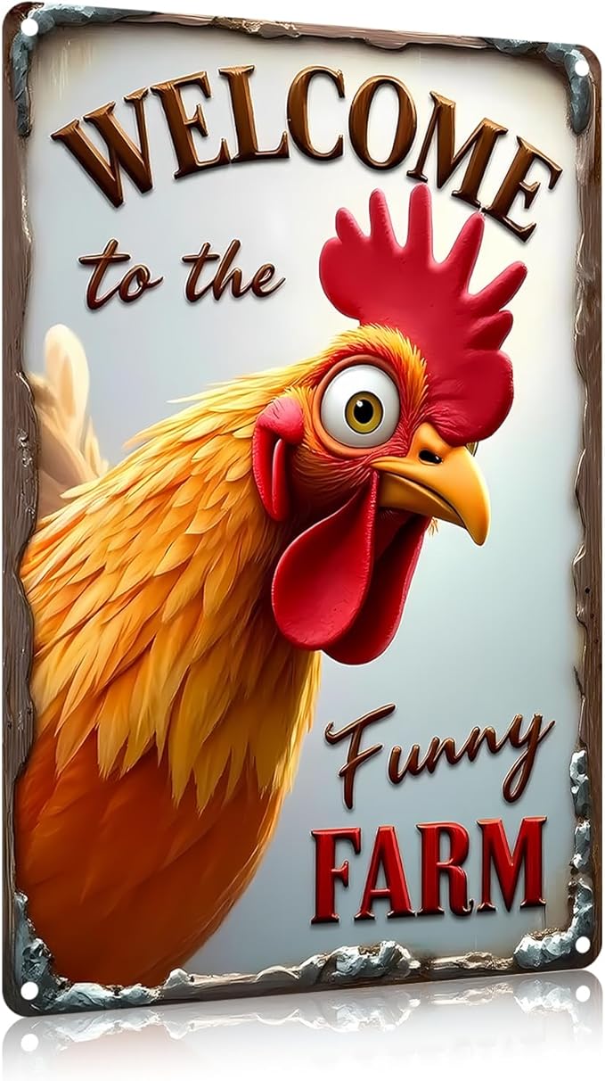 FunnySign Chicken Gifts Rooster Décor Welcome To The Funny Farm Rustic Tin Sign For Home Farm Chicken Coop Decor 8x12 Inch (9707)