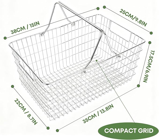 Wire Harvest Basket, Kitchen Organizers and Storage with Foldable Handle - 15.0"x9.8"x6.9" Portable Stainless Steel Picnic Baskets for Gathering Vegetables,Fruits,Kitchen,Garden,Picnic&Shopping (1, L)