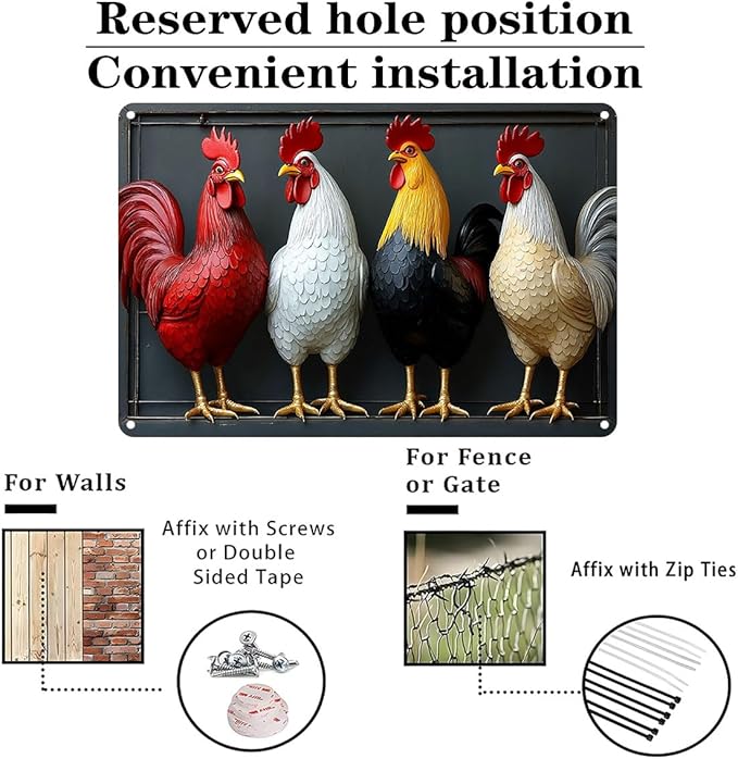 FunnySign Chicken Gifts Rooster Décor Four Rooster Not 3D Rustic Tin Sign for Home Farm Chicken Coop Decor 8x12 Inch (9704)