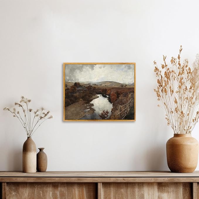 Vintage Wilderness Framed Wall Art River Nature Pictures Country Fence Artwork Nature Landscape Poster Countryside Canvas Wall Art Farmhouse Scenery Picture Rustic Landscape Painting 8x10inch Framed