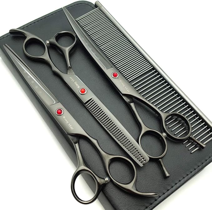 7.0in Professional Pet Grooming Scissors Set,Straight & Thinning & Curved Scissors 3pcs Set with Comb for Dog Grooming,A419 (Black-Grey)