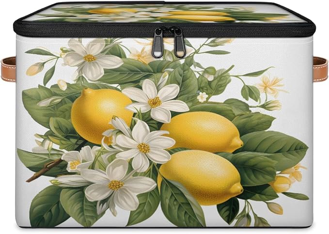 Lemon Fruits Storage Bins with Lids, White Flower Fabric Storage Boxes with Zipper, Collapsible Decorative Closet Organizer Cube for Clothes, Toys, Organizing, Shelves