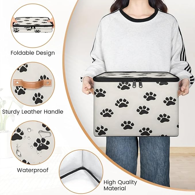 Storage Cubes with Lid Fabric Storage Bins Boxes PU Leather Handles, Dog Pet Paw Print Closet Organizer Container Foldable Washable Shelf Cloth Basket, Cat Pet Paw