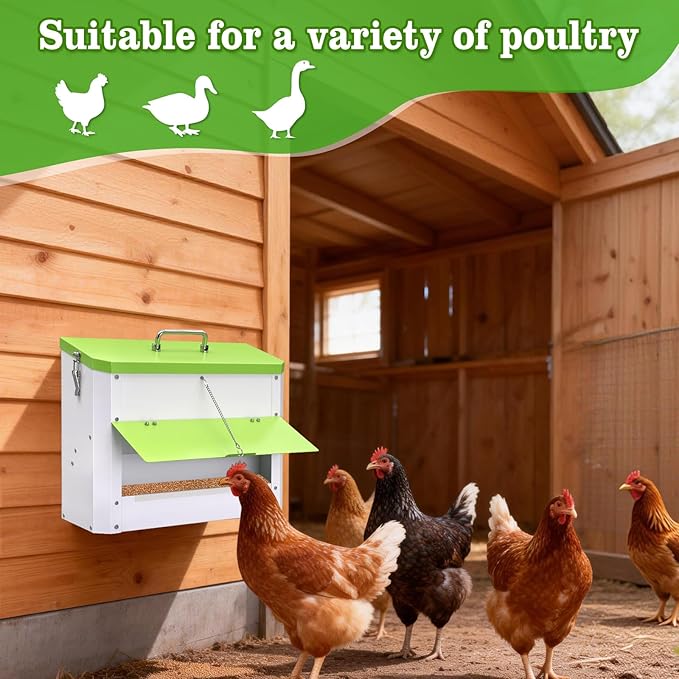 25lb Automatic Chicken Feeders Metal Poultry Feeders Wall Mount No Waste, with Secure Locking Lid, No Assembly Required, Lid Hanging Chicken Feeder Trough for Quail Chickens Ducks Feeder