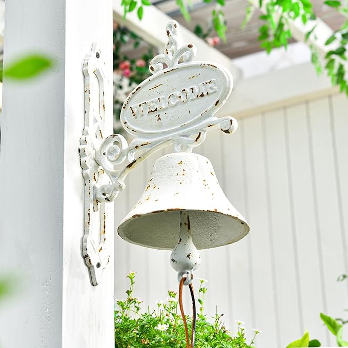 Sungmor Cast Iron Dinner Bell Rustic White Wall Hanging Bell Welcome Sign, Vintage Style Farmhouse Outside Door Bell, Decorative Manually Shaking Doorbell, Indoor Outdoor Wall Mounted Dinner Bell
