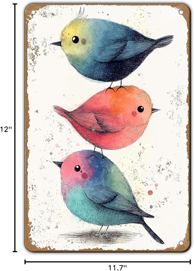 Vintage Tin Sign Watercolor Birds Wall Decor Nursery Birds Print Cute Wall Decoration Birds Nursery Animals Tin Sign Poster Home Bar Plate Wall Decor Birds Metal Tin Sign 12x8 Inch