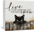 Black Cat Signs -Rustic Farmhouse Live Like Someone Left the Gate Open Signs for Home Decor, Farm Cottagecore Animal Office Kitchen Bedroom Decor, Black Cat Gifts for Women, 5x5