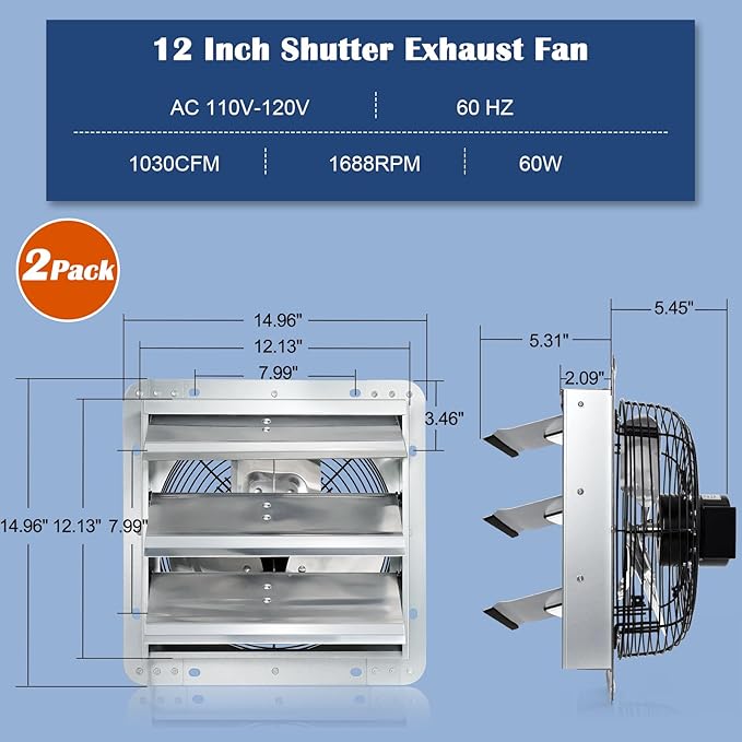 Hiorucet 12 Inch Shutter Exhaust Fan Wall Mounted for Garage, Greenhouse, Shop, Attics, Chicken Coop, Shed, Basement, 1030CFM 1688RPM Low Noise Louvered Exhaust Fan with 1.8 Meters Power Cord 2 Pack.