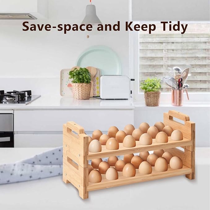 Bamboo Egg Holder Countertop - 2-Tier 18-Egg Stackable Organizer with Screwdriver, Farmhouse Kitchen Storage for Chicken/Duck Eggs