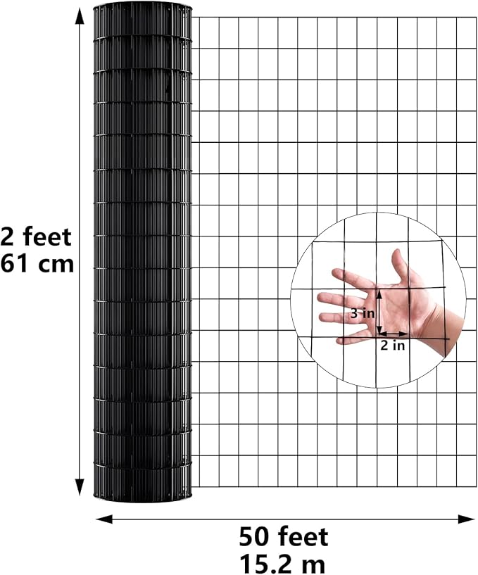 2ft x 50ft Black Vinyl Coated Welded Wire Fence - 14 GA Heavy Duty Garden Fencing, 2"x3" Mesh Rustproof Deer Barrier, Chicken Coop Poultry Run, Dog Fence & Garden Protector for Vegetables