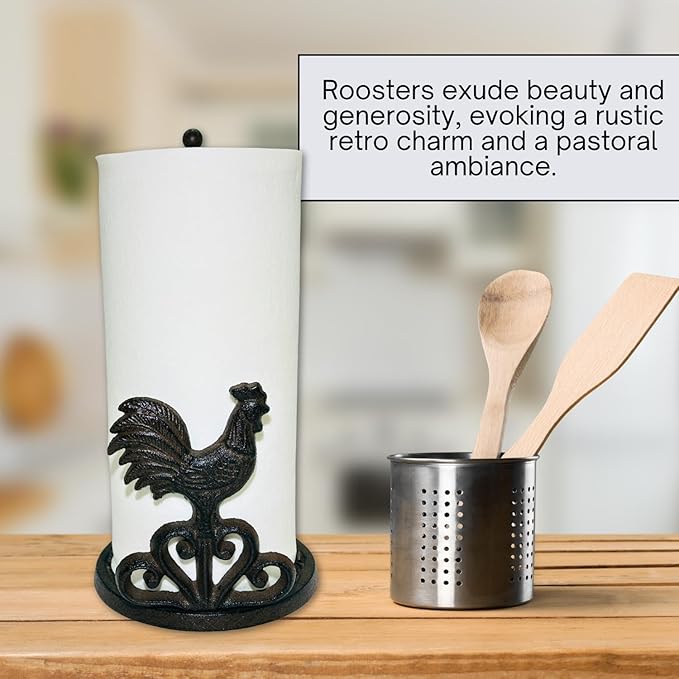 Rustic Elegance Cast Iron Rooster Paper Towel Holder - Freestanding 12" Kitchen Countertop Accessory with Farmhouse Charm - Black Country Style Decor