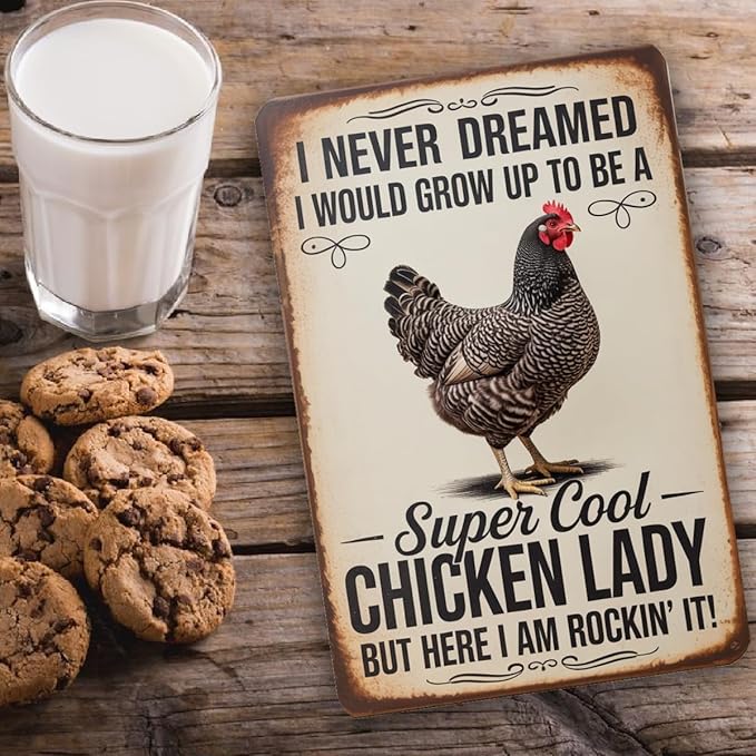 Cool Chicken Lady Sign – Funny Farmhouse Wall Decor, Vintage Metal Chicken Sign With Rustic Distressed Finish 8x12