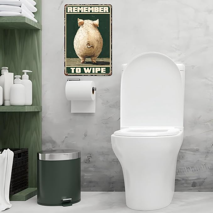 Vintage Pig Tin Sign Remember To Wipe Retro Wall Decor Nostalgic Art Funny Rustic Metal Poster Outdoor Store Cafe Poultry House Pubs Yard Bathroom Farm Farmhouse Toilet Restroom 12 * 8inch