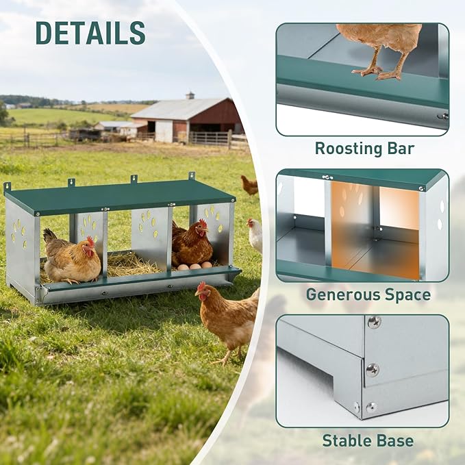 3 Compartment Metal Chicken Nesting Box, Roll Out Hen Laying Box for Easy Egg Collection, Wall Mount Poultry Nest Box for Backyard Chickens, Green, 32.09" L x 16.34" W x 15.35" H