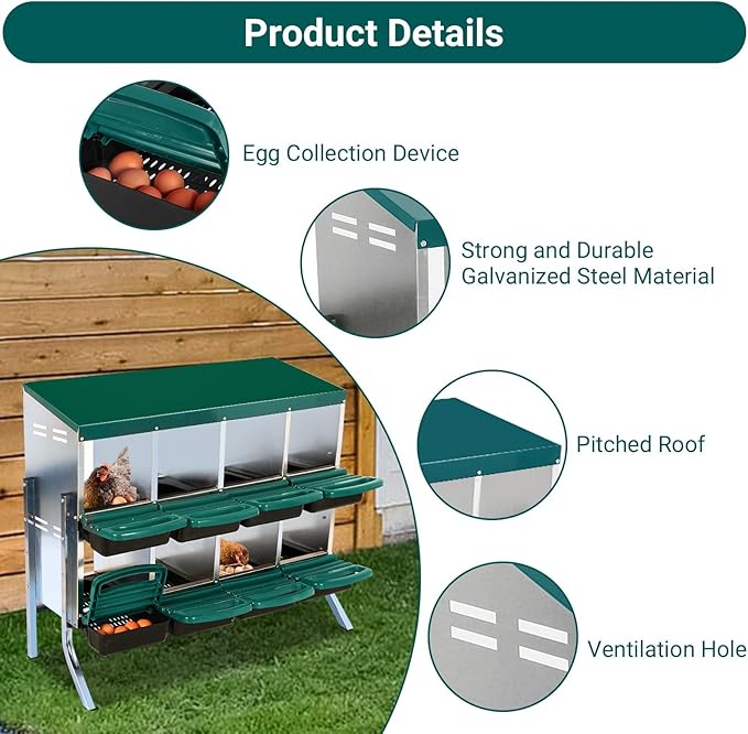 8 Compartment Metal Chicken Nesting Box, Automatic Roll-Out Egg Collection, Waterproof Galvanized Steel Laying Box with Perch & Wall Mount, for Hens Ducks Rabbits, Green