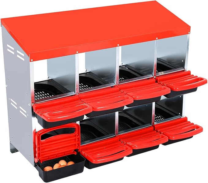 8 Compartment Metal Chicken Nesting Box, Automatic Roll-Out Egg Collection, Waterproof Galvanized Steel Laying Box, for Hens Ducks Rabbits, Red