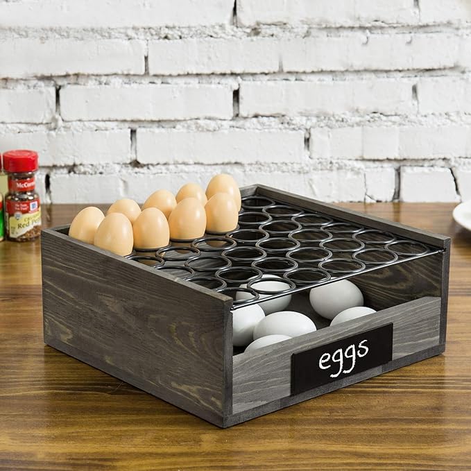 MyGift Vintage Gray Wood Egg Tray Holder with Black Metal, 2 Tier Egg Storage Tray with Erasable Chalkboard Label