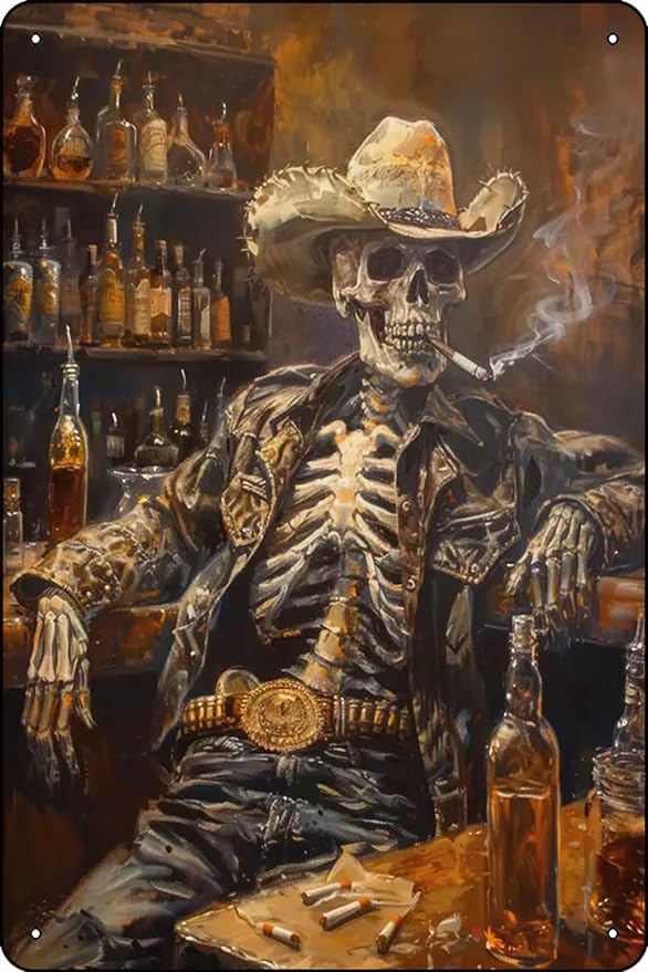 Wild West Remains Skeleton Cowboy In a Bar Oil Western Wall Art Cowboy Art Road Trip Gift Southwestern - 8 x 12 inches Vintage Metal Sign