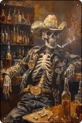 Wild West Remains Skeleton Cowboy In a Bar Oil Western Wall Art Cowboy Art Road Trip Gift Southwestern - 8 x 12 inches Vintage Metal Sign