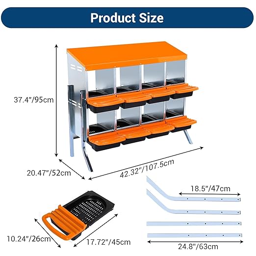 Chicken Nesting Boxes, 8 Hole Metal Chicken Laying Box with with Removable Trays and Roll Out Egg Collection for Chicken Coop, with Metal Bracket, Orange
