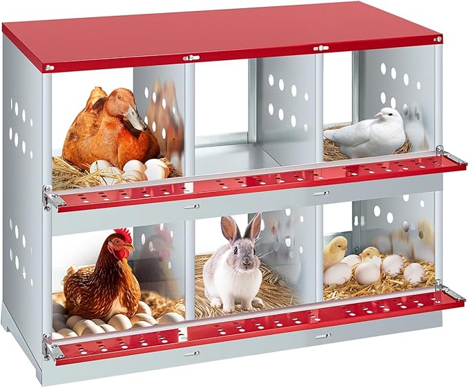 6-Compartment Chicken Nesting Box with Roll-Away Egg Collection - Metal Laying Box for Hens and Ducks, Features Pull-Out Tray & Swing Perch, Wall Mount Design for Coops