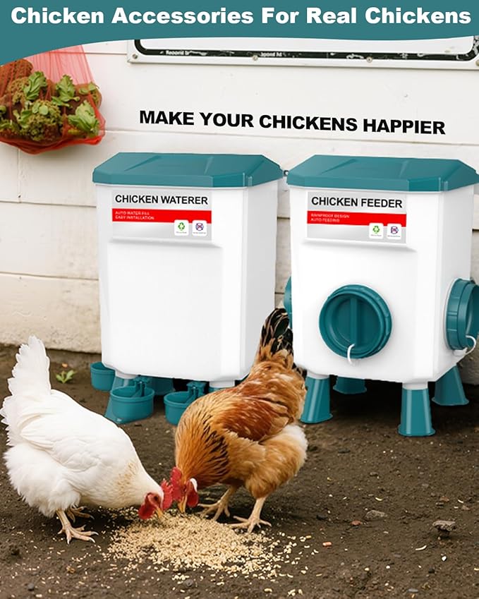 Chicken Feeder and Waterer Set, 3 Gallon/26.5 Pounds, Automatic Chicken Feeders and Chicken Waterer, Detachable for Chickens, Duck & Quail Coop Use, Outdoor Farm & Backyard (Lake Blue)