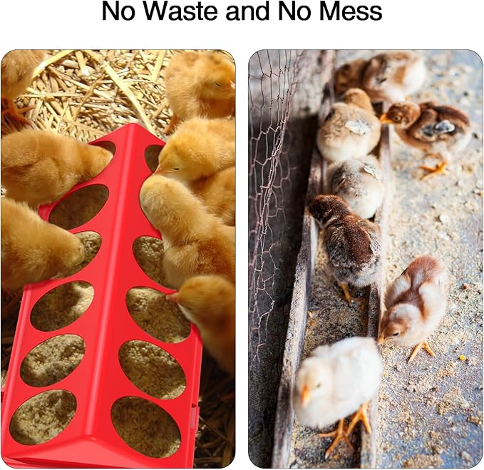 2-Pack Plastic Flip-Top Poultry Feeders, Spill-Proof Chick Feeder Trough with Multiple Feeding Holes, No-Waste Baby Chicken, Duckling, and Quail Feeding Dish Dispenser