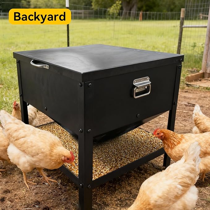Large Metal Chicken Feeder, 80 LBS Heavy Duty Poultry Feeder Box with Waterproof Lid, No Waste Design for Hens, Roosters, Ducks, Suitable for Chicken Coops and Outdoor Use