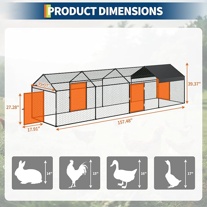 Metal Chicken Coop, 160" x40" x40" Large Chicken Run with 3 Doors, Outdoor Hen House for Yard with Waterproof and Anti-UV Cover, Walk in Poultry Cage for Rabbit Duck Goose, Silver