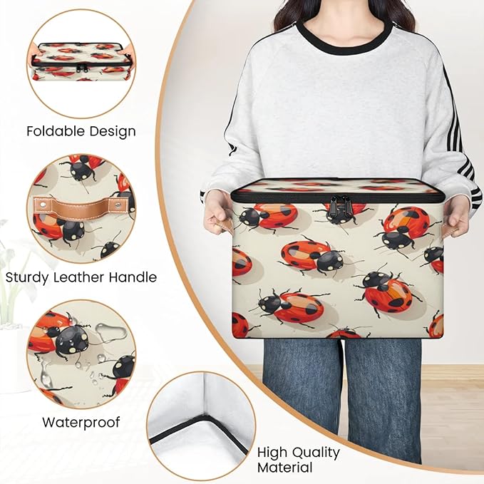 Storage Cubes with Lid Fabric Storage Bins Boxes PU Leather Handles, Cute Ladybird Closet Organizer Container Foldable Washable Shelf Cloth Basket, Red LabyBirds Ladybugs