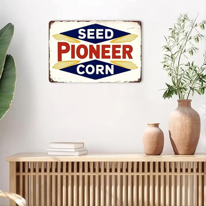 Seed Pioneer Corn Sign Tin Sign Vintage Farmhouse Metal Sign Print Aesthetic for Garden Yard Bar Porch Home Bedroom Kitchen Wall Decor Gift 8 X 12 in