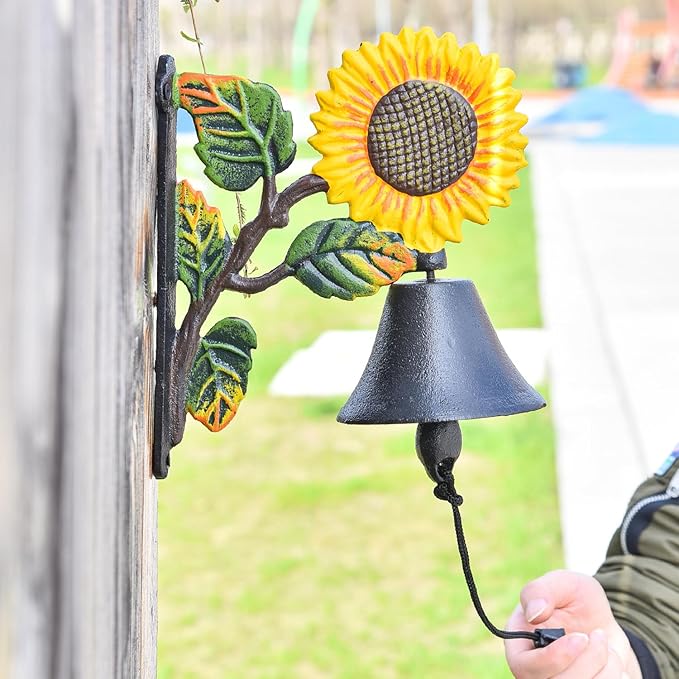 Sungmor Heavy Duty Cast Iron Sunflower Hand Bell - Hand-Painted Wall Decor for Indoor/Outdoor Use