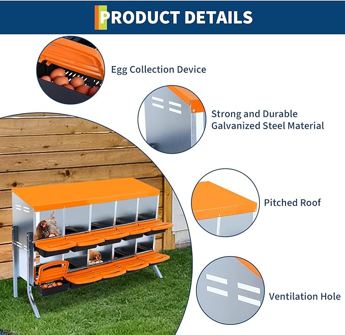 TricaLtkdp 2-Tier Chicken Nesting Boxes, Roll Away Eggs Laying Boxes, Cleanable Pull Our Hen Bird Duck Coop Roosting Box, with Leg, 10 Compartments, Orange