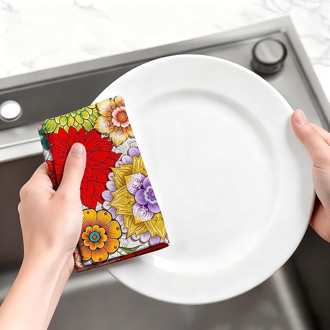 Spring Boho Kitchen Towels Decorative Set of 4, Colorful Floral Hand & Tea Towel, Absorbent Soft Decor Dish Towels Dishcloths for Kitchen Drying,Cooking Housewarming Gifts for Women